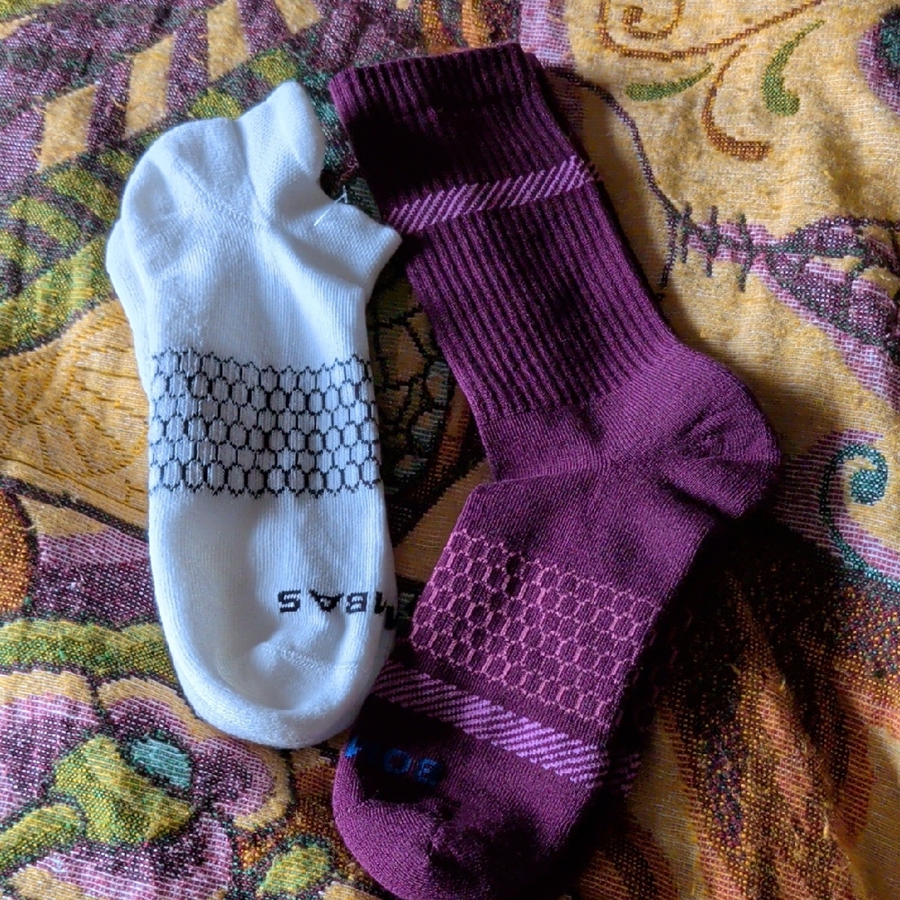Bombas White and Purple Athletic Socks